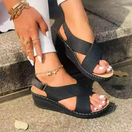 Clarks Sandals For Women Clearance! hoksml Summer Sandals Women Deals,New  Thick Soled Round Toe Slope Heel Sandals For Women's Hollow Casual