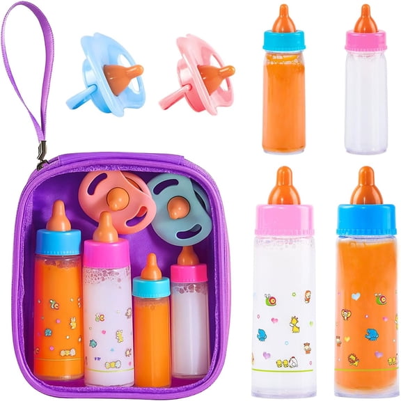 Baby Doll Bottle Accessories - 6 Pcs Bottle Toys, Magic Disappearing Milk & Juice, Pretend Play Set with Pacifiers Kids Gift Purple