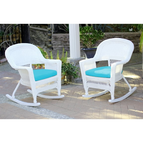 Jeco White Rocker Wicker Chair with Sky Blue Cushion- Set of 2