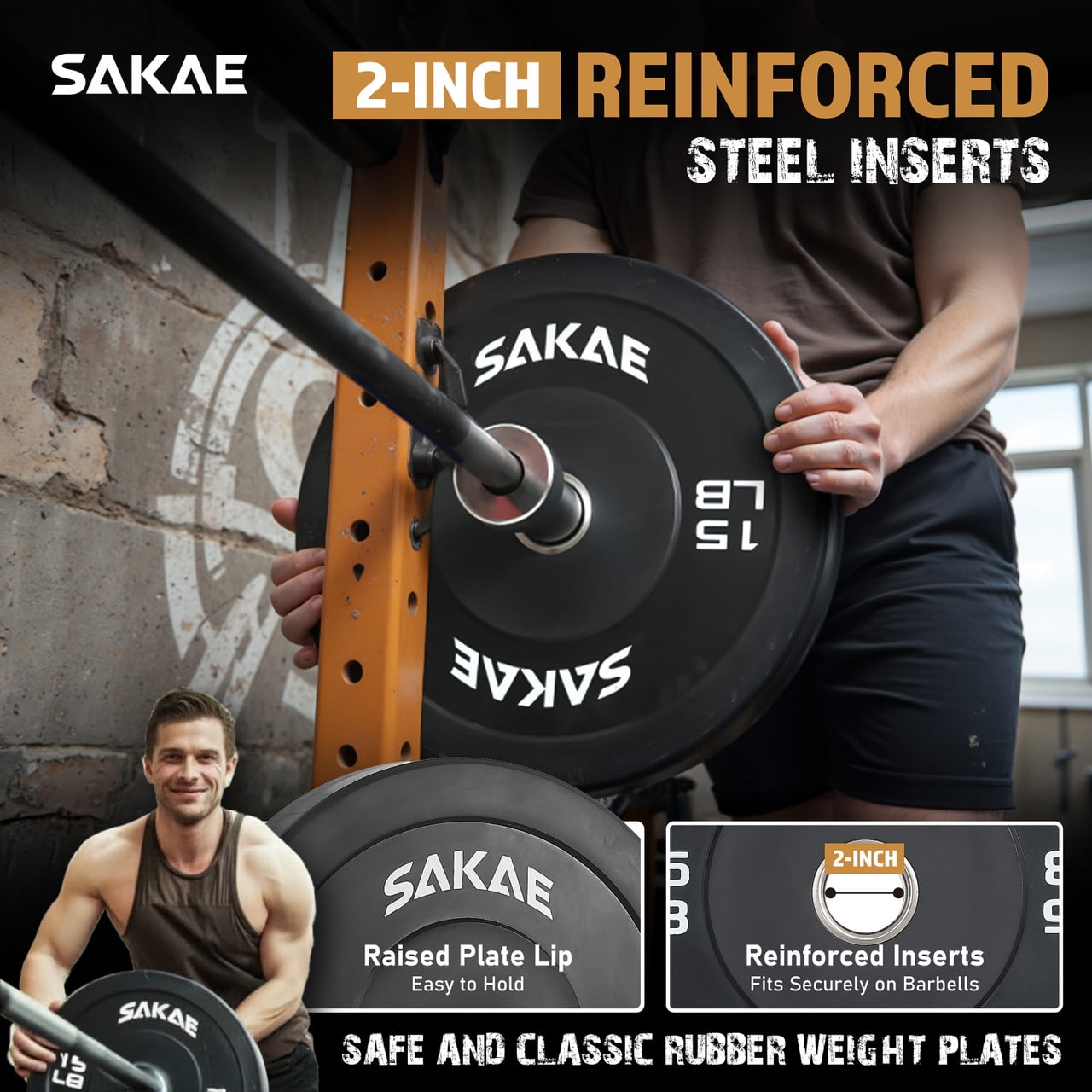 SAKAE Olympic Rubber Bumper Plates, 2-Inch Weight Plates Set with Steel Hub, Ideal for Weightlifting, CrossFit Equipment, Strength Training & Home Gym Workout, 160LB Set (10, 25 & 45LB Pairs)