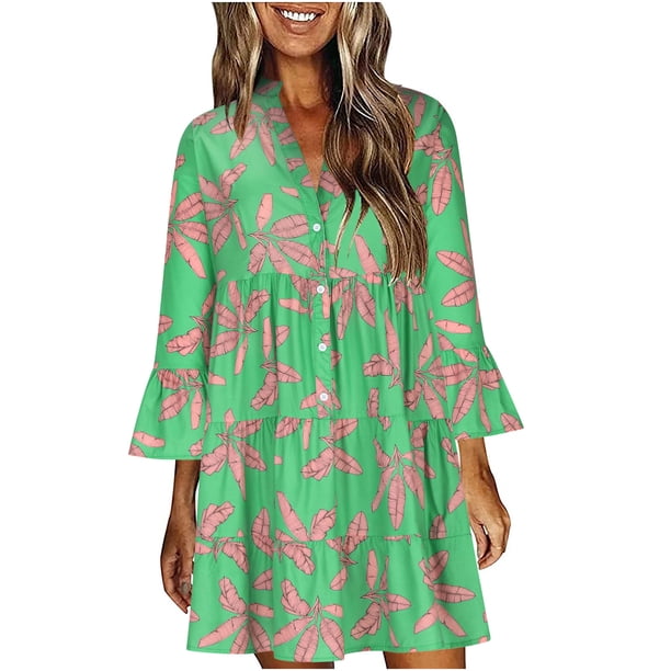 Vestido de mujer Vintage Casual Vestido con cuello en V Manga larga Suelto Midi Vestido Pompotops hdfakjf7949