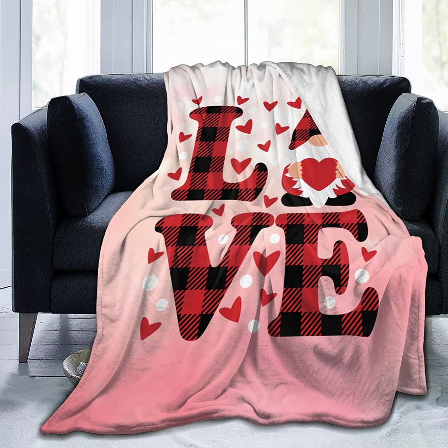 aoselan Valentine's Day Buffalo Plaid Love and Gnome Throw Blanket Warm