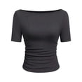 thumbnail image 3 of Uootdi Womens Tops Boat Neck Ruched Slim Fit Short Sleeves Rib Knit Soft Comfy Casual Daily Going Out Shirts Gift, 3 of 4