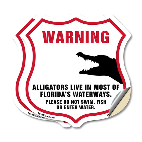 Alligator Warning Warning Alligators Live In Most Of Florida's Waterways. Please Do Not Swim Fish Or Enter Water (2 Pack) 4 inch X 4 inch Shield Shaped Heavy Duty 3.2 mil Vinyl Decals