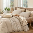 thumbnail image 6 of MooMee Striped Duvet Cover Set Oversized King 100% Washed Cotton Linen Like Textured Breathable 3-Piece (Tannish Linen Grey& White Pinstripes, 120"x98"), 6 of 7