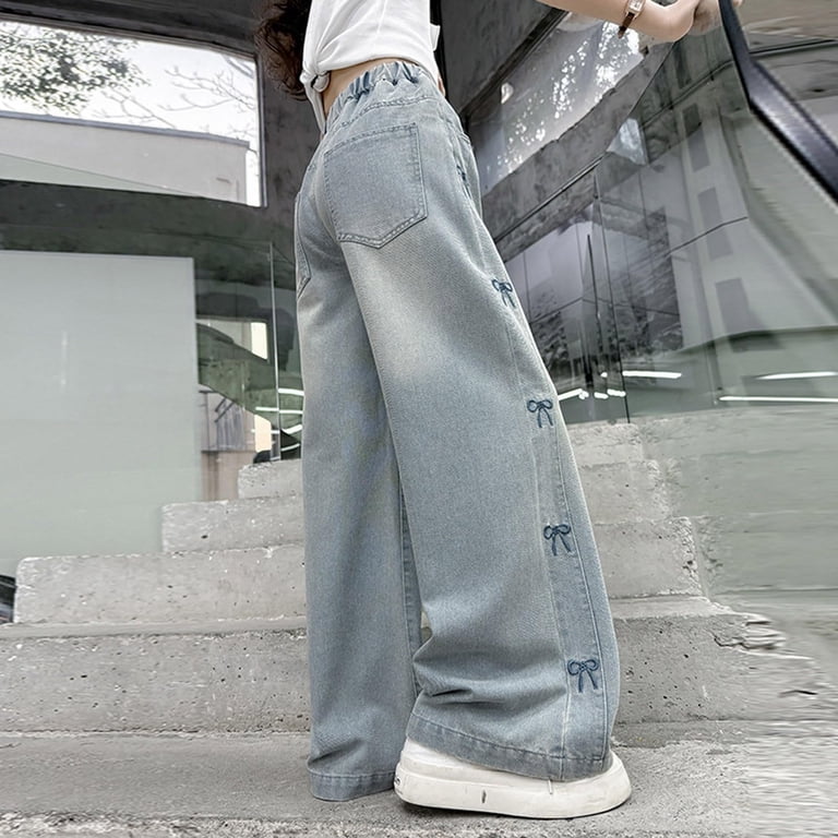 YunPes Girls Light Washed Straight Leg Jeans Side Cute Bow