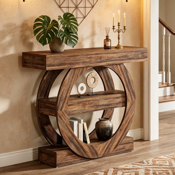 Fnova 41.34" 3-Tier Round Frame Console Table, Wood Sofa Table for Entryway Hallway Living Room Foyer Decor