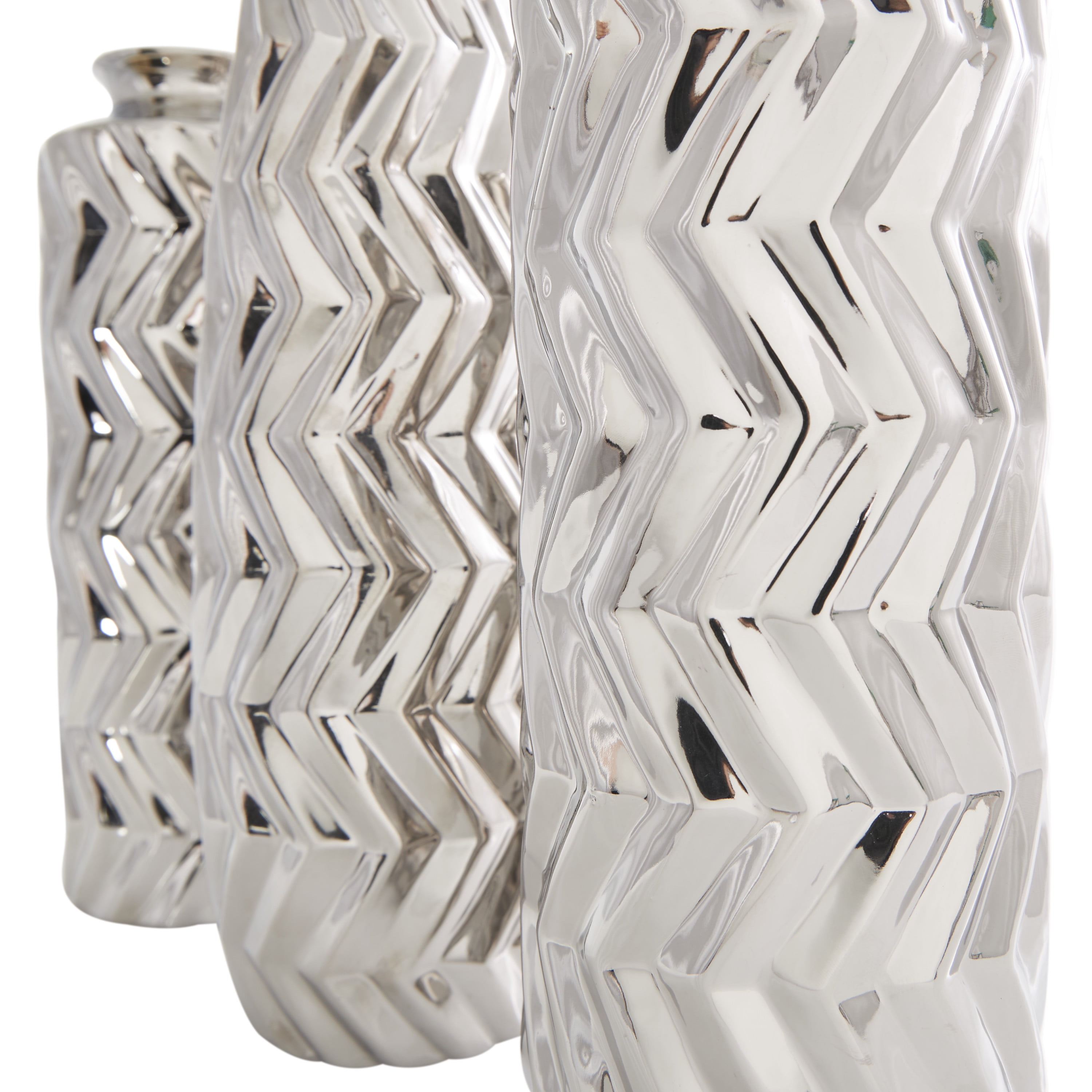 DecMode 4"W, 11"H Dimensional Chevron Textured Silver Ceramic Vase with Varying Shapes, Set of 3