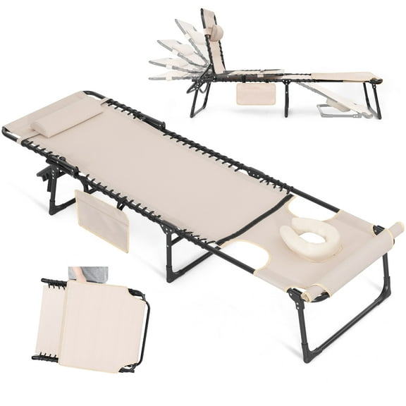 Nuu Garden Lounge Chair, Folding Textilene Chaise, Lay Flat Adjustable 5-Position Portable Tanning Chair with Face Hole Camping Reclining Lounge Chair with Pillow, khaki