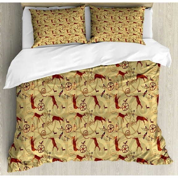 Southwestern Queen Size Duvet Cover Set, Native Pattern Inspired by Caveman Drawings Prehistoric Art and Culture, Decorative 3 Piece Bedding Set with 2 Pillow Shams, Pale Yellow Brown, by Ambesonne