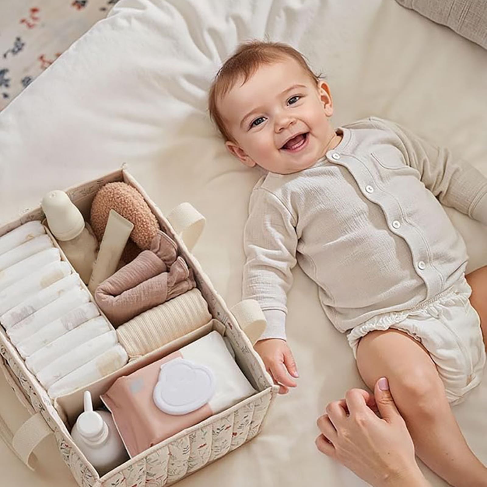 HUISZJ Floral Diaper Caddy Organizer, Stylish Nursery Storage Basket with Handle, Reusable Storage Bag for Newborn Work Travel Outdoor (Beige)