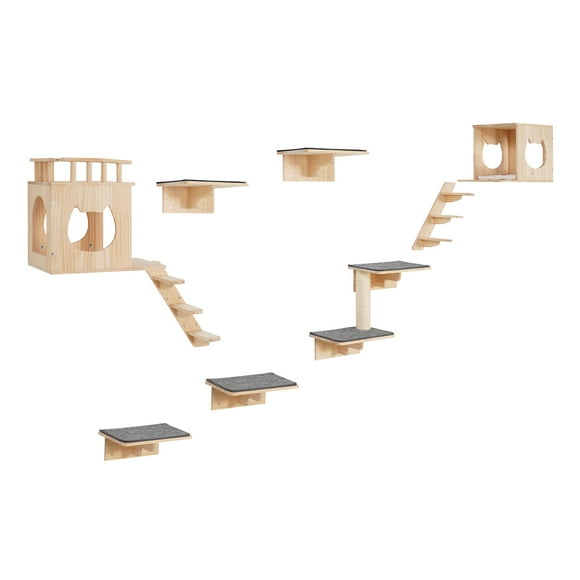 KFFKFF Cat Wall Mounts, Wall Perches and Leaping Platforms, Feline Beds, Loungers & Cat Tower, Cat Play and Rest Furniture, Supports up to 40 lbs for Resting, Frolicking, Ascending, 9-Piece Set