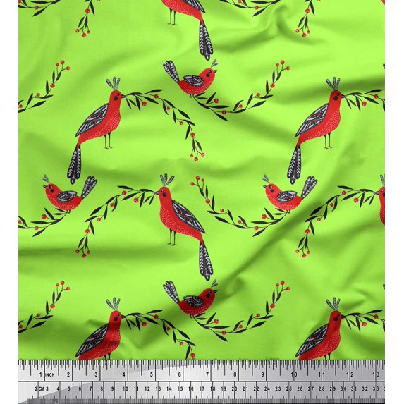 Soimoi Green Georgette Viscose Fabric Leaves,Berries & Bird Folk Art Printed Craft Fabric by the Yard 42 Inch Wide