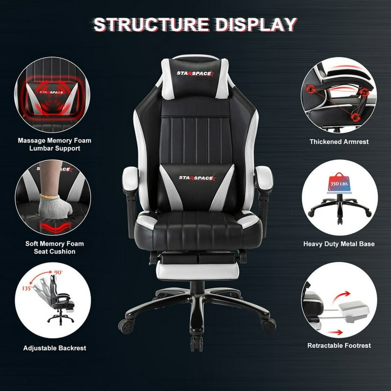 Big & Tall 400Lb Memory Foam Reclining Gaming Chair Metal Base - Adjustable  Back Angle And Retractable Footrest Ergonomic High-Back Leather Racing 