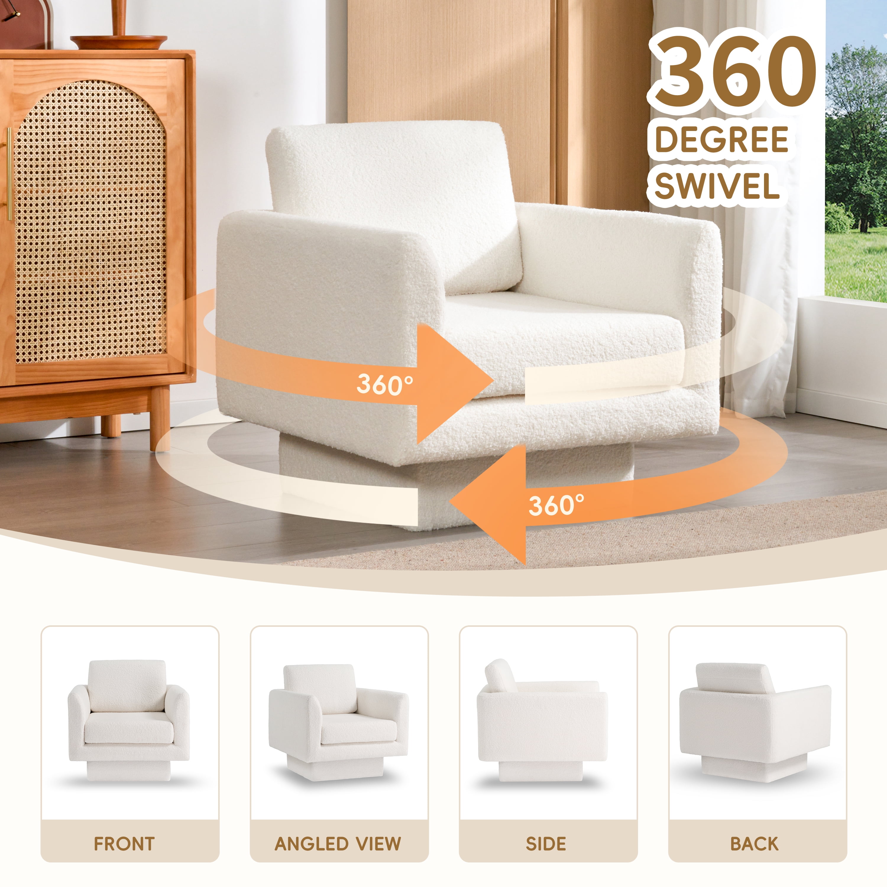 EUROCO 30" W Oversized 360° Swivel Accent Chair,Comfy Round Armchair with Teddy Sherpa Fabric,Solid Wood Frame and Upholstered Deep Seat,Thick Padded Arm Chair for Living Room/Nursery/Bedroom,Cream