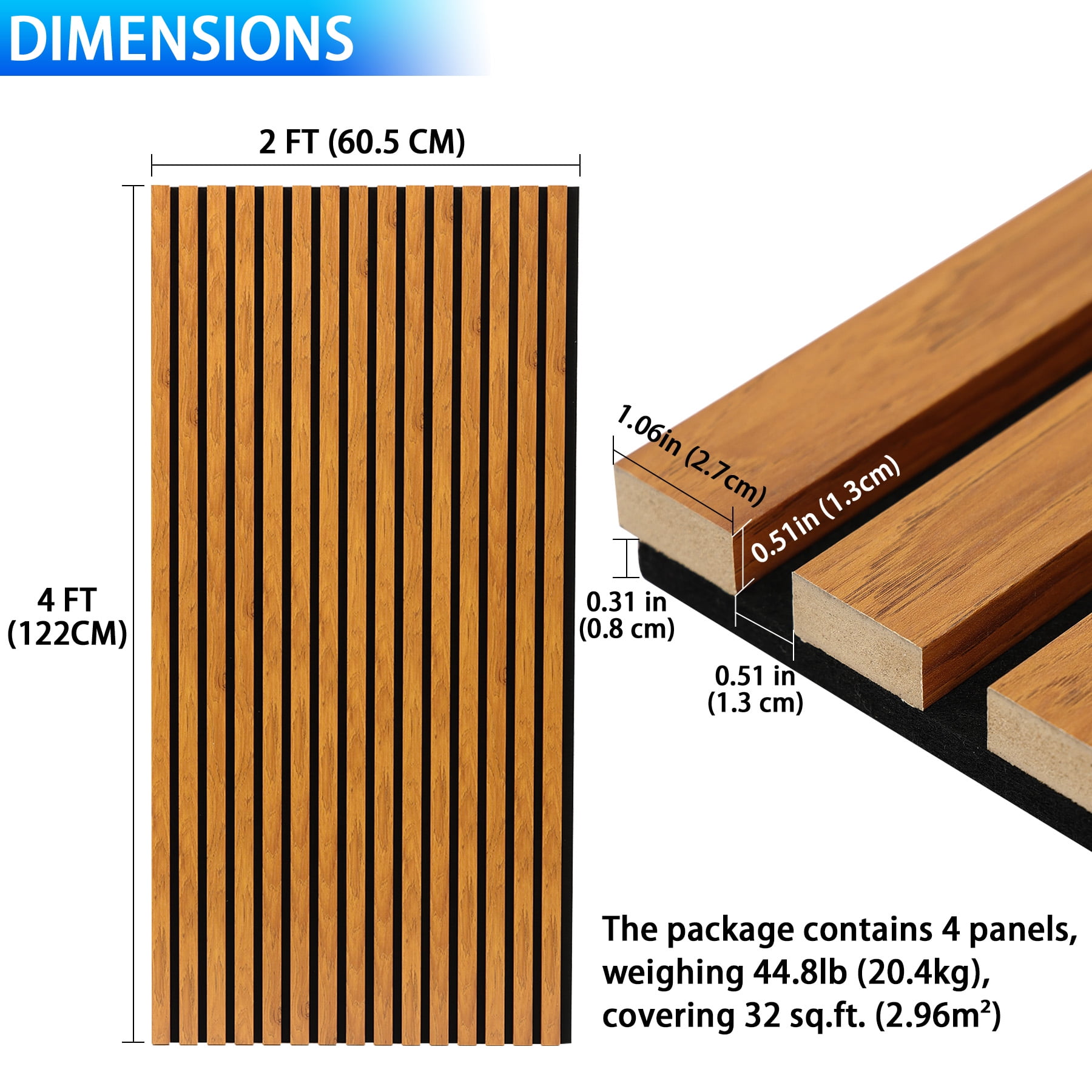 3D Slat Acoustic Wall Panels with Wood Finish Accent, 4 Pack Sound Absorbing Paneling for Studio, Office, Living Room, Bedroom Interior Decor (Natural Walnut, 48''L x 24''W)