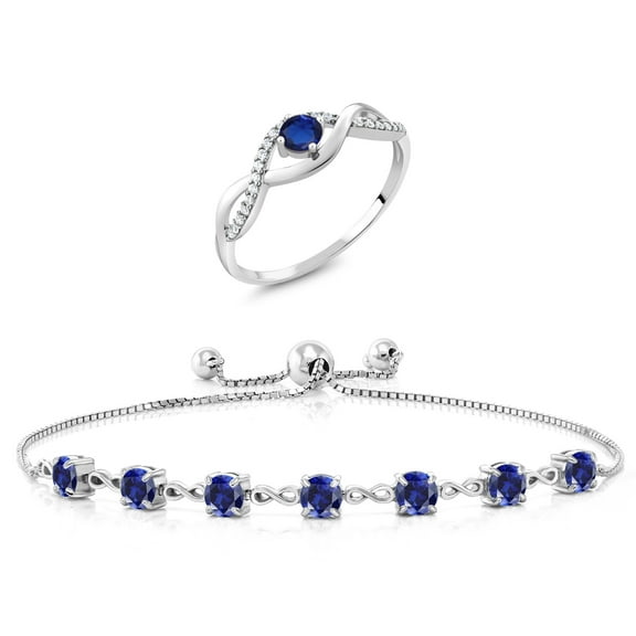 Gem Stone King 3.01 Ct Round Blue Created Sapphire 925 Sterling Silver Ring and Bracelet Jewelry Set (Size 8)
