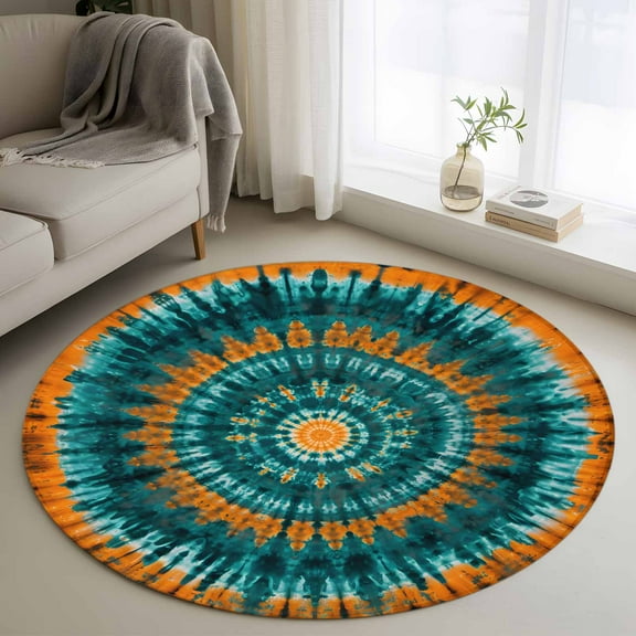 Teal Orange Round Rug 3ft Washable Circle Entryway Rugs Non Slip Ethnic Geometric Art Modern Abstract Area Rug Indoor Floor Carpet for Bedroom Kitchen Living Room Home Office Dining Room Nursery