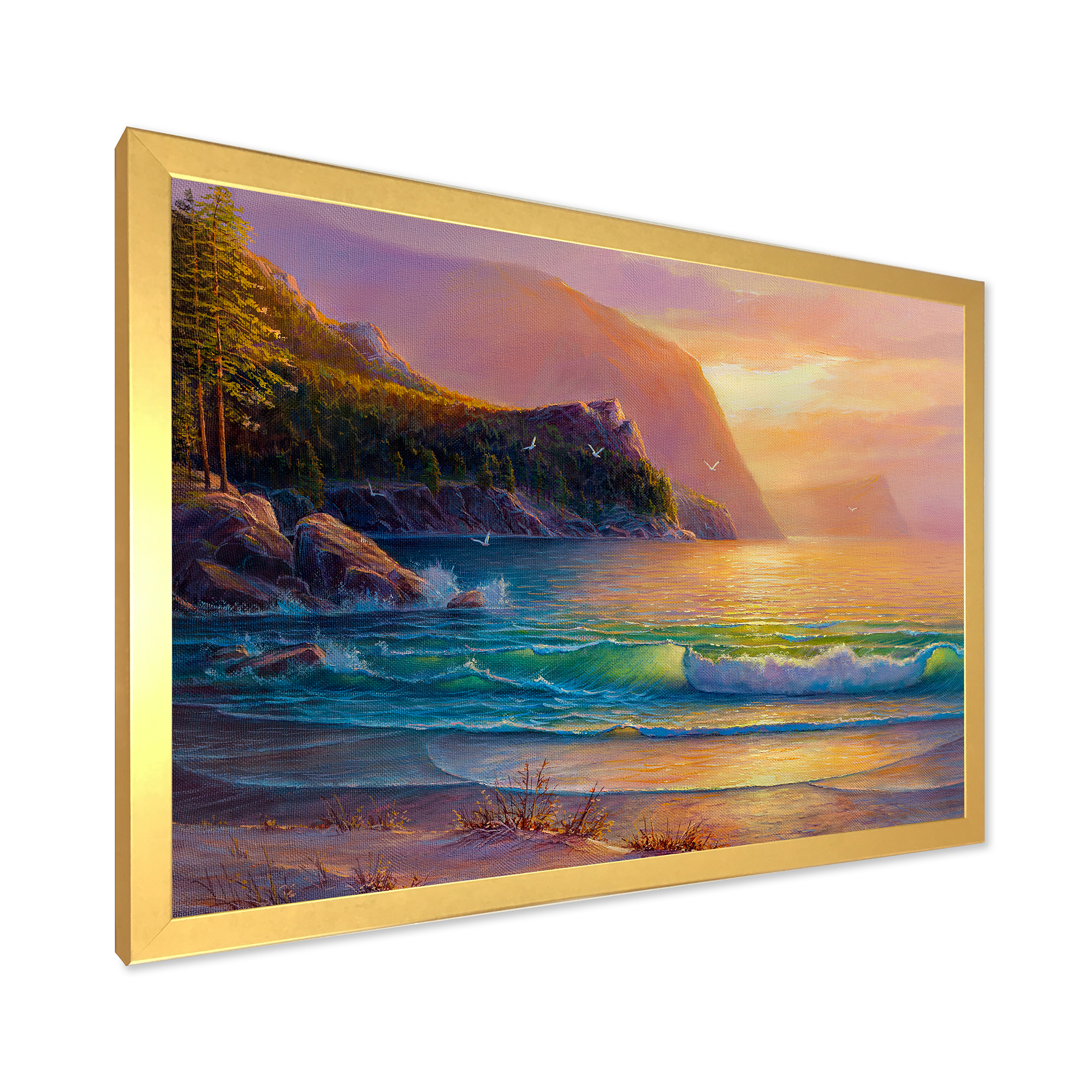 Romantic Beach During Warm Evening 20 in x 12 in Framed Photography Canvas Art Print, by Designart