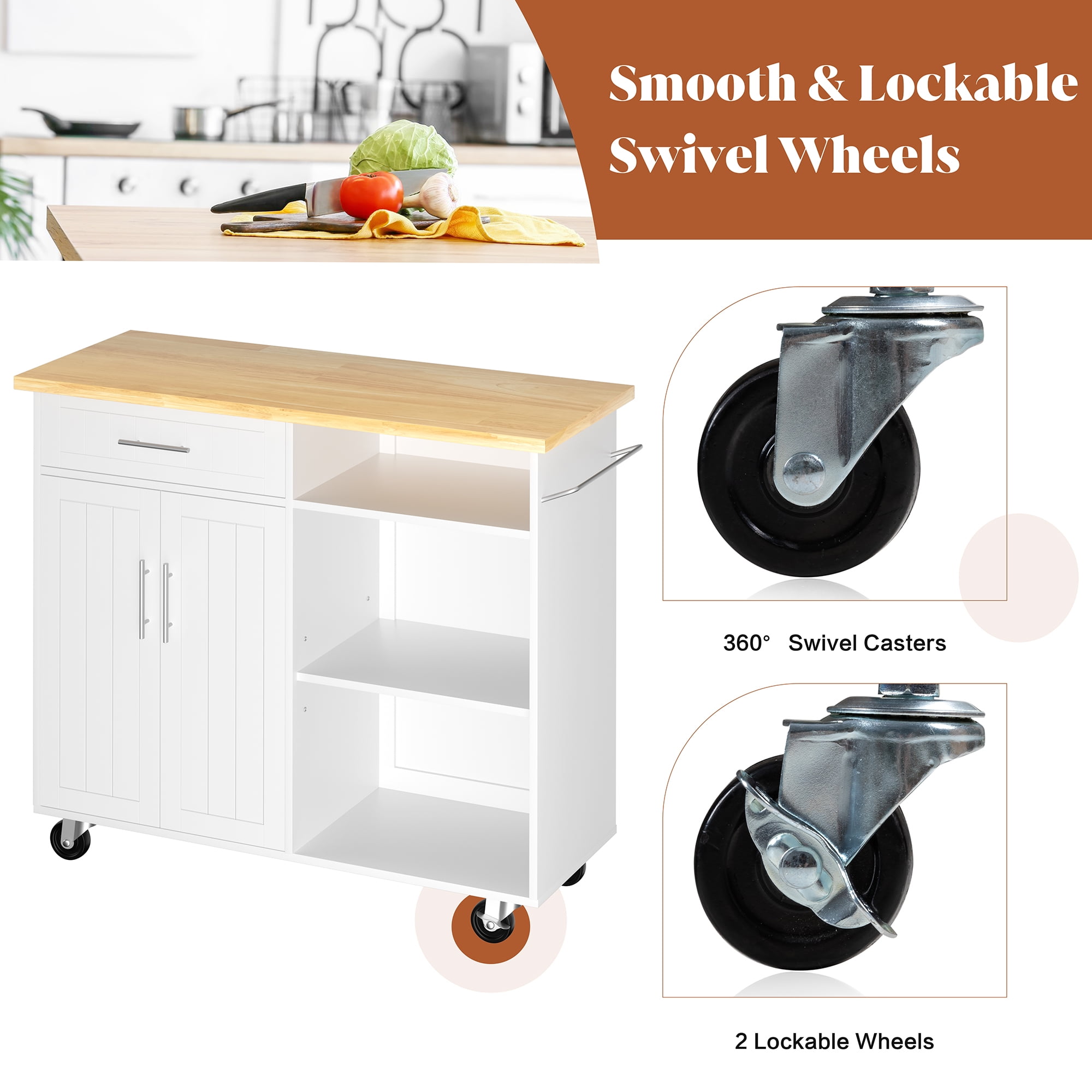 Walsunny 42" Kitchen Island Cart with Storage,Rolling Kitchen Island Side Table on Wheels with Large Worktop,Storage Cabinet,Towel Rack and Drawers,White