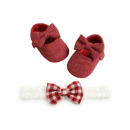 

LOSIBUDSA Baby Shoes And Headband Solid Color Anti-Slip Shoes+ Plaid Bowknot Headwear