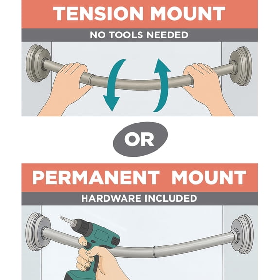 Matte Black 50–72" Curved Shower Curtain Rod, Rustproof Adjustable Tension or Permanent-Mount Rounded Bathroom Rod, Easy Installation