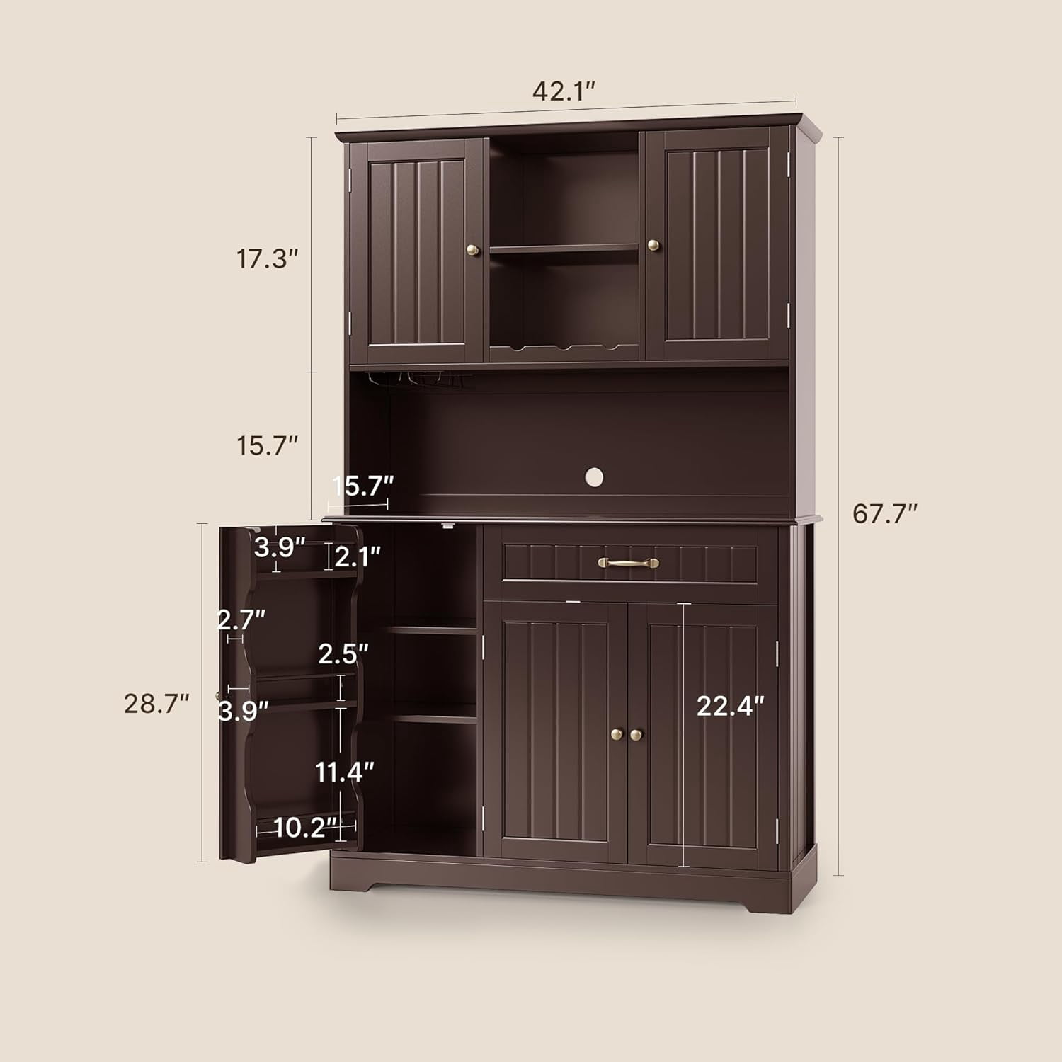 67" Kitchen Hutch Cabinet with 5 Doors and 14 Shelves, Noelse Large Wooden Kitchen Pantry Storage Cabinet with Drawer, Tall Coffee Bar for Dining Room, Dark Brown