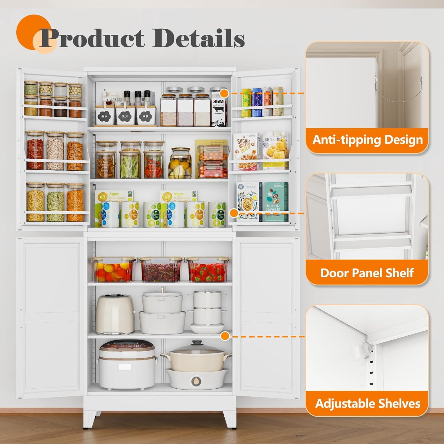 Ero Tall Steel Pantry Cabinet with 4 Doors and Adjustable Shelves for Kitchen Storage White