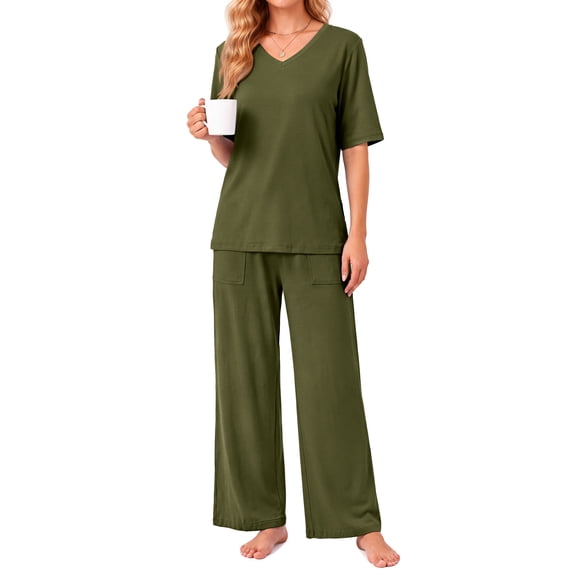 Weekease Two Piece Pajama Sets for Women V Neck Elbow-length Sleeve Tops and Long Pants Casual Summer Fall Sleepwear with Pockets