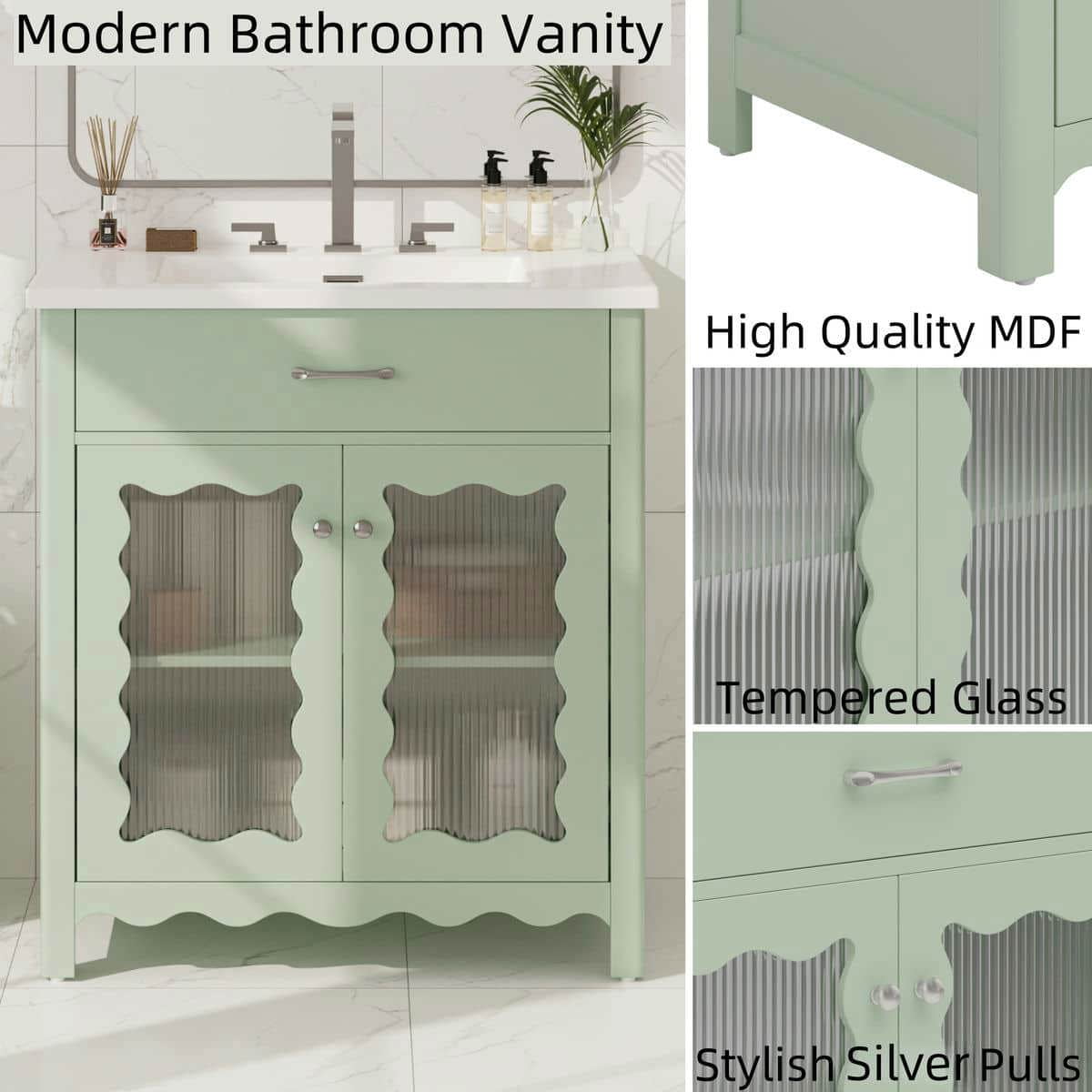 Spaco 31" Bathroom Vanity with Tempered Glass, Modern Bathroom Cabinet with Rubber Wood Legs and Soft Close Doors for Indoor, Green