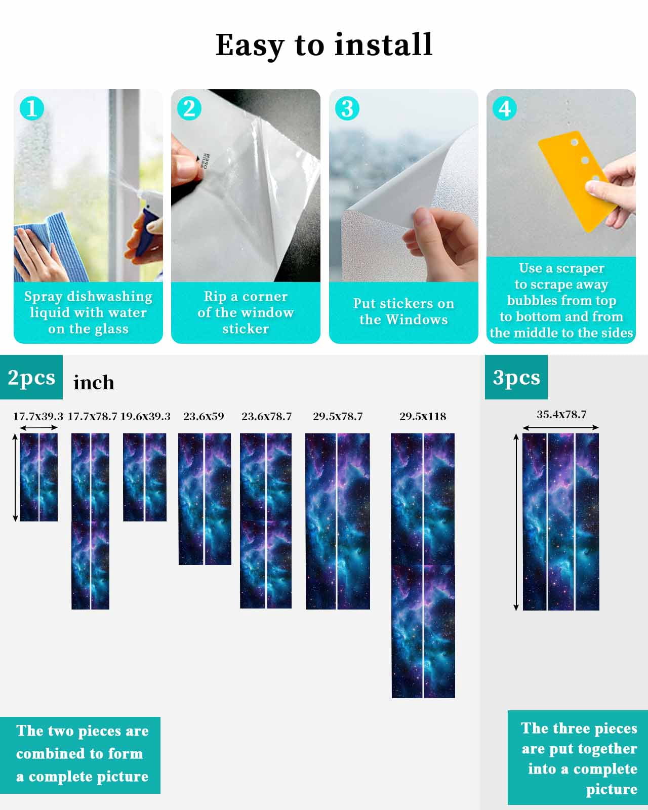 Window Privacy Film Starry Sky Stained Glass Window Film Decorative Sun Block Window Cover Modern Rustic Blue Purple Ombre Star Night Window Clings Static Adhesive Sticker for Bathroom 23.6"x78.7"