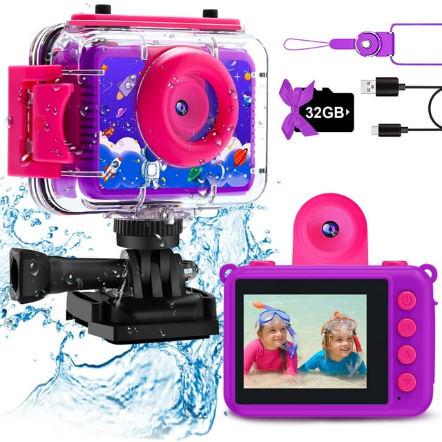 Cámara impermeable GKTZ Kids 20MP 1080p con tarjeta SD de 32GB rosa