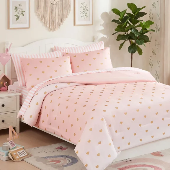 Catami gold foil Design 5-piece Bed in a Bag Comforter Set with Sheets,Pink Gold Heart,Twin