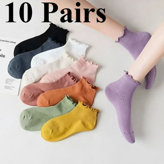 Women Ankle Socks Cotton - 10 Pairs Ruffle Turn-Cuff Casual Socks Short Socks