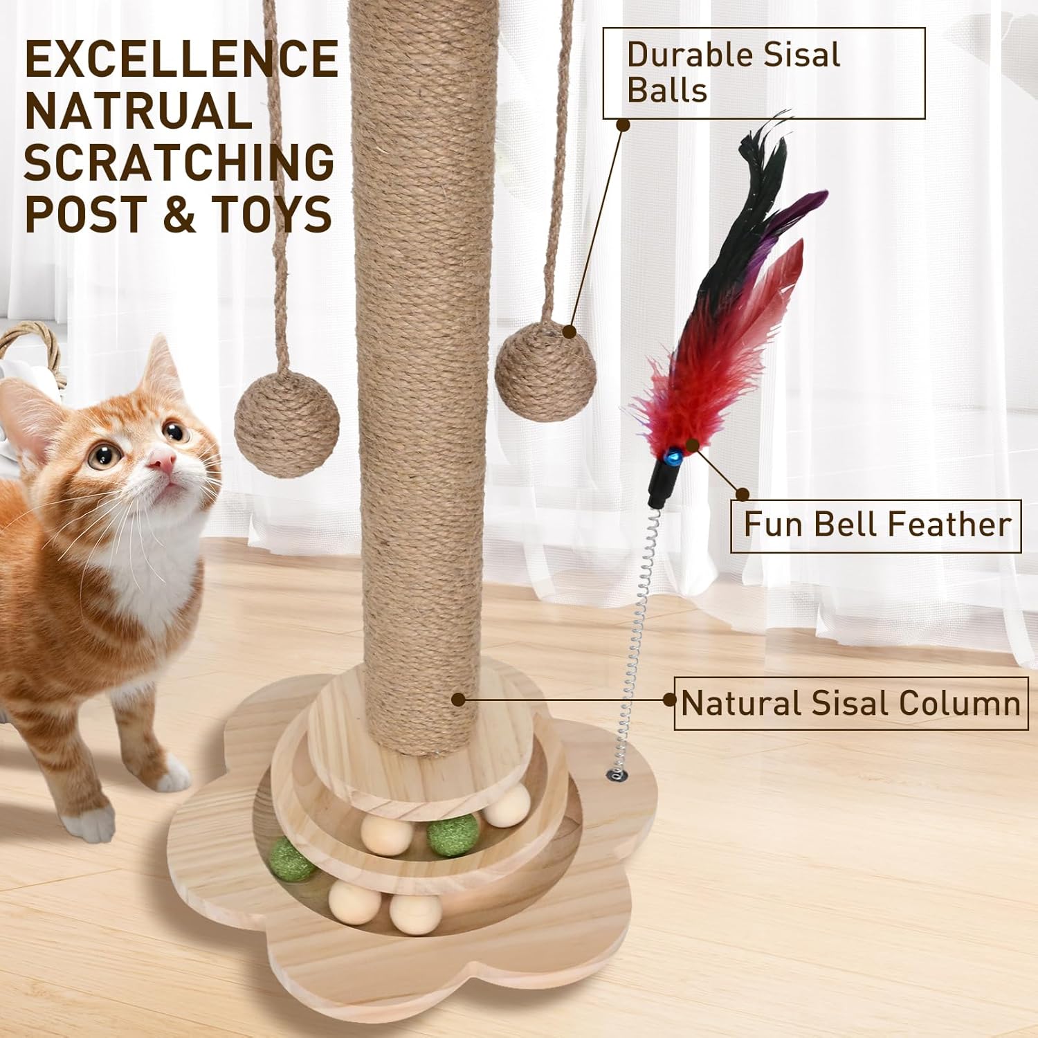 LTS EMIRA Cat Scratching Post, 4 in 1 Wooden Cat Scratcher Toy, 19.6" Tall Scratch Post with 2 Level Cat Track Balls, Interactive Feather Toy and 2 Sisal Hanging Balls for Indoor Kittens, Adult Cats