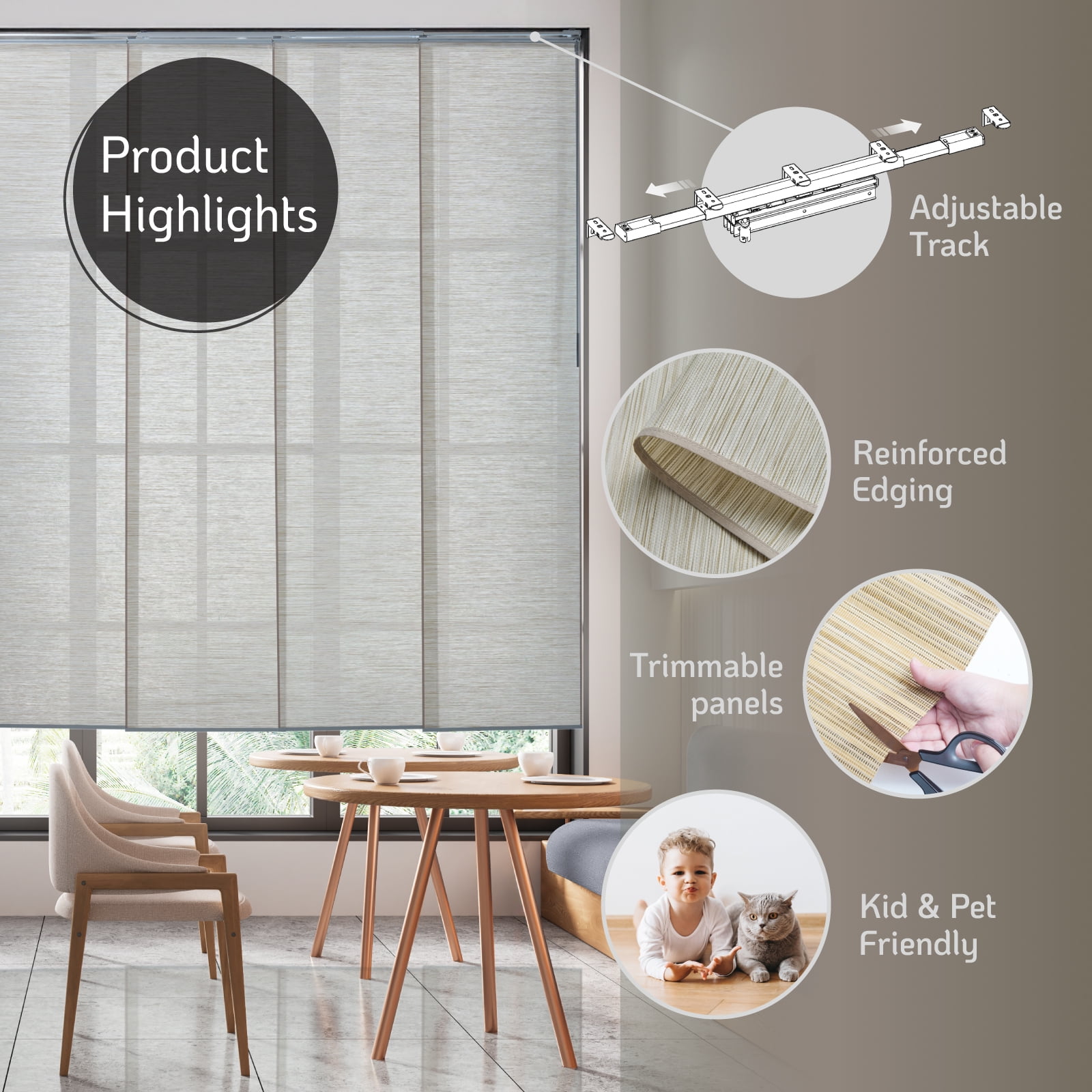 Piecenat Panel Track Blinds 23 in Cordless Paper for Sliding Door Vertical Window Blinds, Beige, 85.5 in x 96 in