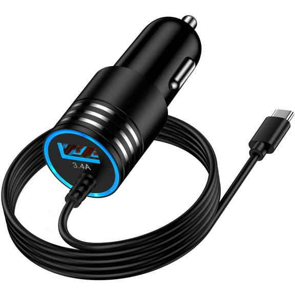 Car Charger with 3.3FT TYPE C Cable, Hootek USB Car Charger Adapter 3.4A USB-C Fast Charging USB C Retractable Car Charger Type C Charging Cable Cord Nylon Braided for Samsung Android, Black