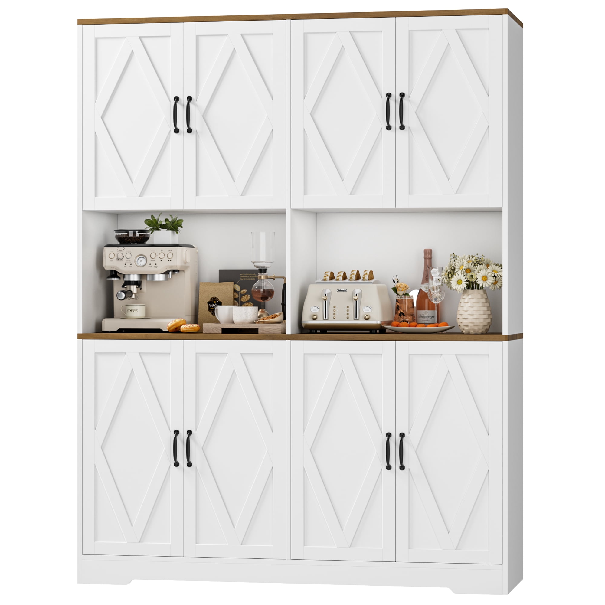 Homfa 71'' Tall Pantry Cabinet with Hutch, Large Kitchen Storage Cabinet with Microwave Stand & Doors for Dining Room Living Room, White