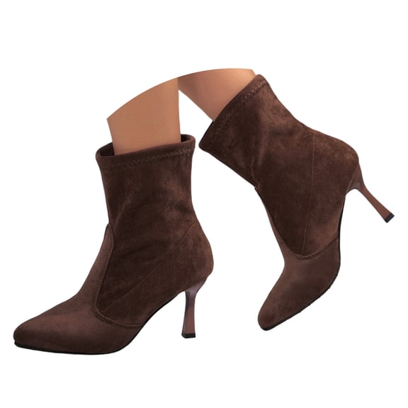 Fashion Breathable Pointed Toe High Heel Mid Calf Boots With Side Zipper Comfortable Daily Walking Shoes for Women Autumn Winter Suede Pull On