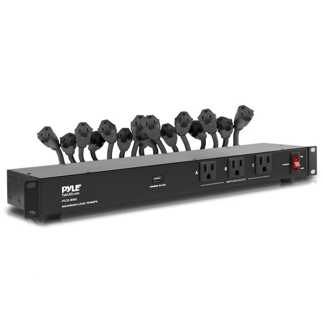 Pyle 19-Outlet 1U Rackmount PDU Power Distribution Unit - 15 Amp Surge Protector - USB Charging Port - Ground Lift - Circuit Breaker - 15FT Cord - 3