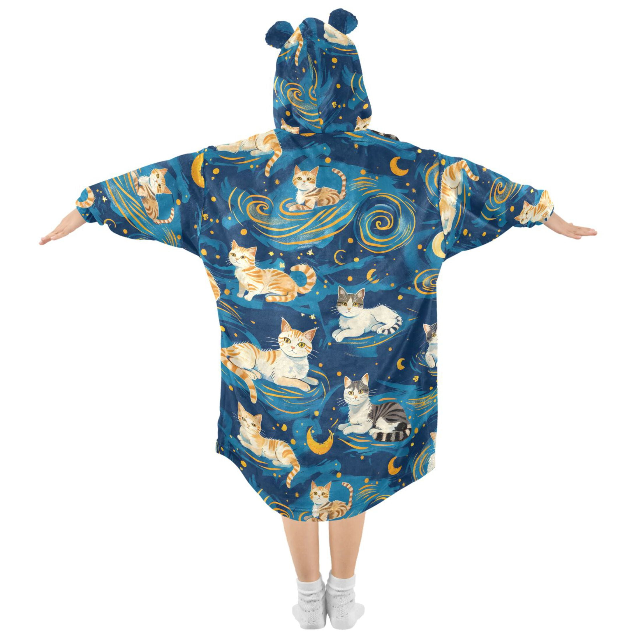 Dailycode Wearable Blanket Hoodie Oversized Sherpa Flannel Blankets with Pocket for 3-14 Year Old Cartoon Cats and Starry Sky