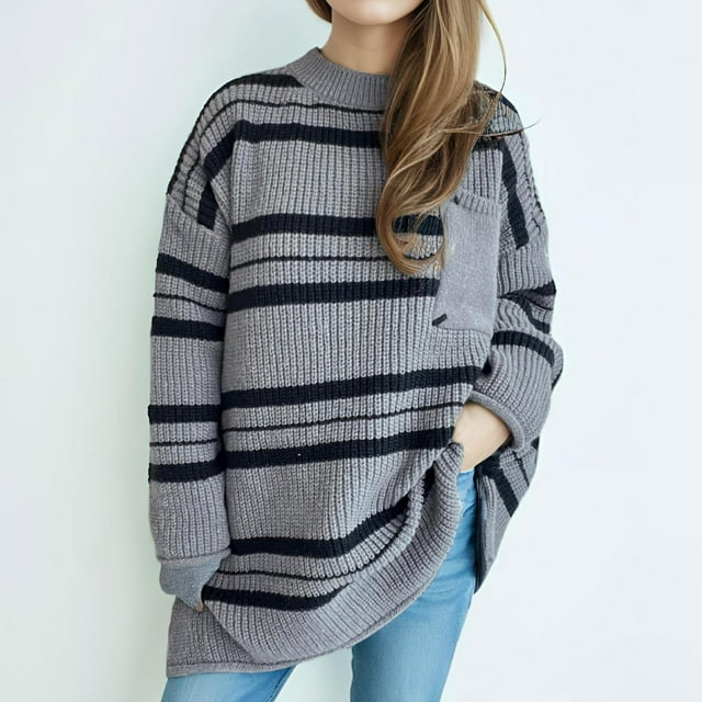 Styesk Sweaters for Women Pull Col Rond Rayé Confortable Vêtements Chauds Tendance Pull Tricoté Décontracté Polyvalent