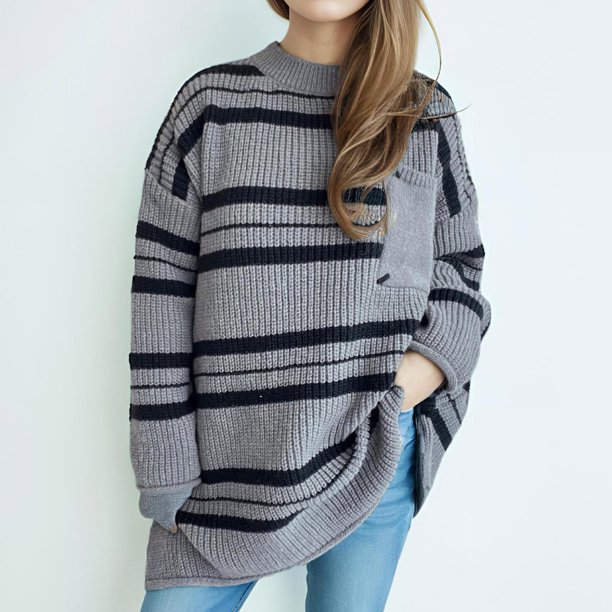 Suéter de cuello redondo para mujer, moda otoño invierno, tejido, suelto, manga larga, blusa, suéter de cuello redondo, suéter para mujer