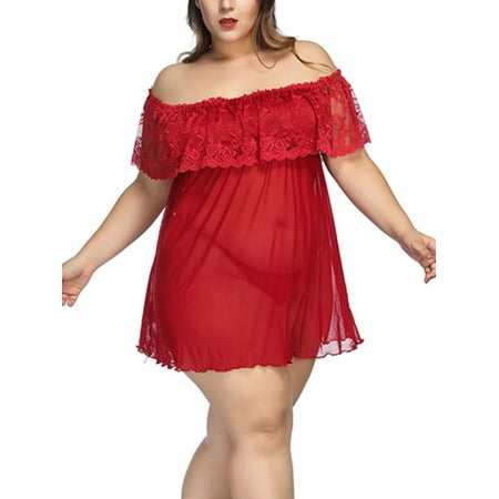 

Bra and Thong Lingerie for Plus Size Women Sexy Lingerie Dress See Through Chemises Lace Off Shoulder Mini Dress