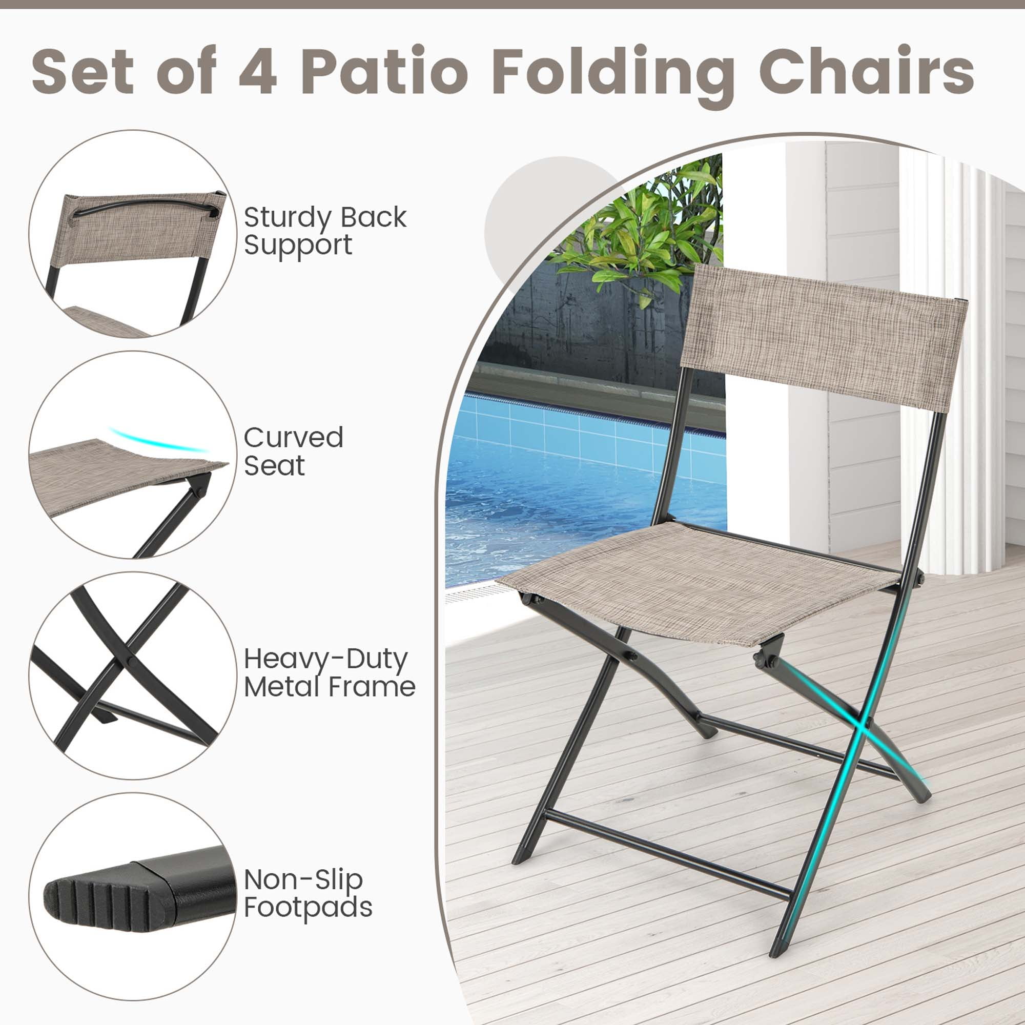 Costway Patio Metal Outdoor Camping Breathable and Lightweight Folding Chairs, Coffee (Set of 4)