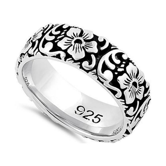 925 Sterling Silver Oxidized Platinum Plated Flower Garden Valentines Day Gifts Eternity Band