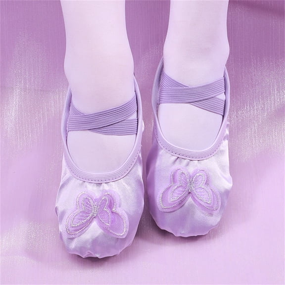 hengsof Childrens Butterfly Embroidered Ballet Shoes, Soft Sole Leather Look Slip On Practice Slippers, No Tie Design for Dance Class and Recitals
