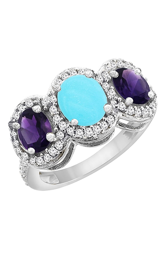14K White Gold Natural Turquoise & Amethyst 3-Stone Ring Oval Diamond Accent, size 8