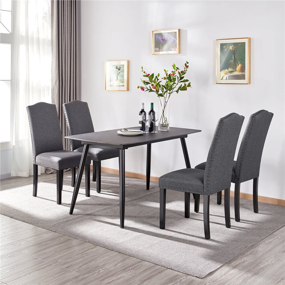Alden Design 6pcs Fabric Padded Parson Dining Chairs with Nailhead Trim Wood Leg, Dark Gray