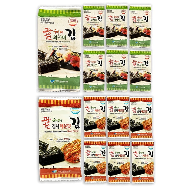 Korean Crispy Seasoned Seaweed Snacks Kimchi Spicy Sheets - 12 Individual Packs 100% Natural Laver 12 Pack Roasted Nori Snack Healthy Premium Gim by (Kimchi and Wasabi)